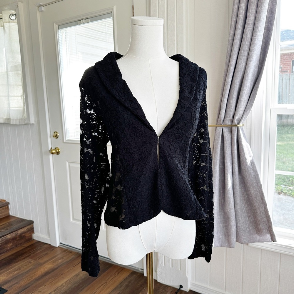 INC Women Blazer M Black Lace Sheer Floral Hook Eye Gothic Romantic Dressy